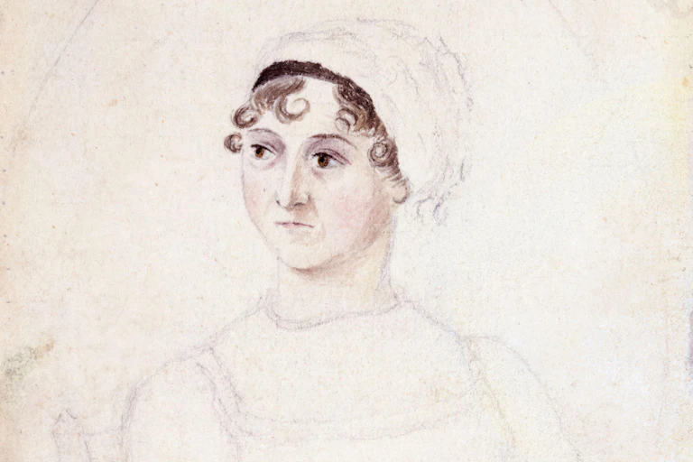A sketching of a late 19th-century woman in a frilly cap and dressed in a Regency style.