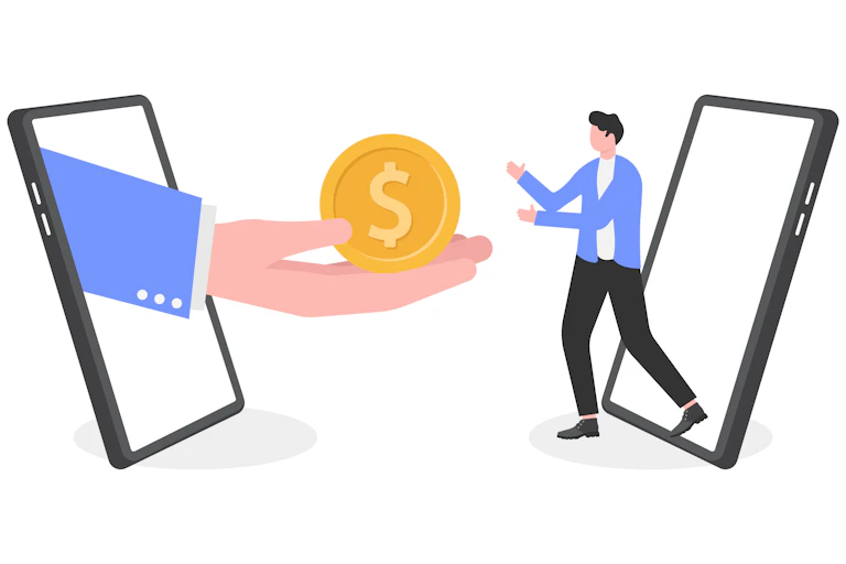 An outstretched hand poking out from a smartphone holds a $ coin that someone is receiving as they exit another phone.
