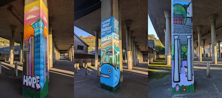 colourful murals on concrete pillars