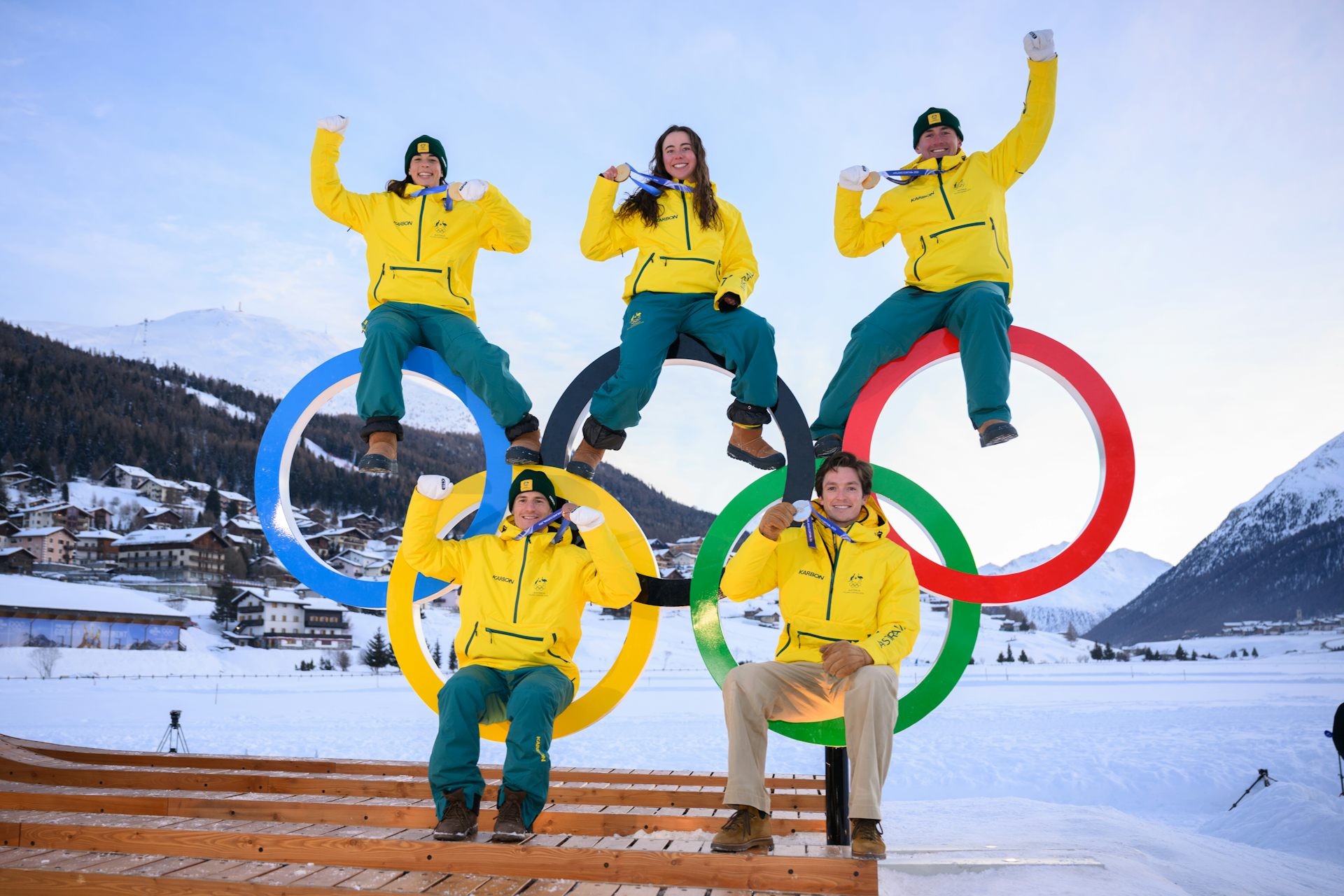Australian Winter Olympic medalists Jakara Anthony, Josie Baff and Cooper Woods (top) with Matt Graham and Scotty James.