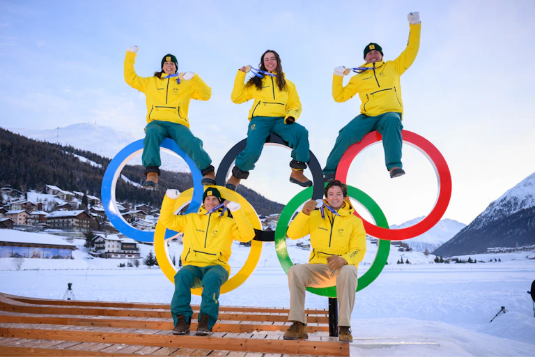Australian Winter Olympic medalists Jakara Anthony, Josie Baff and Cooper Woods (top) with Matt Graham and Scotty James.