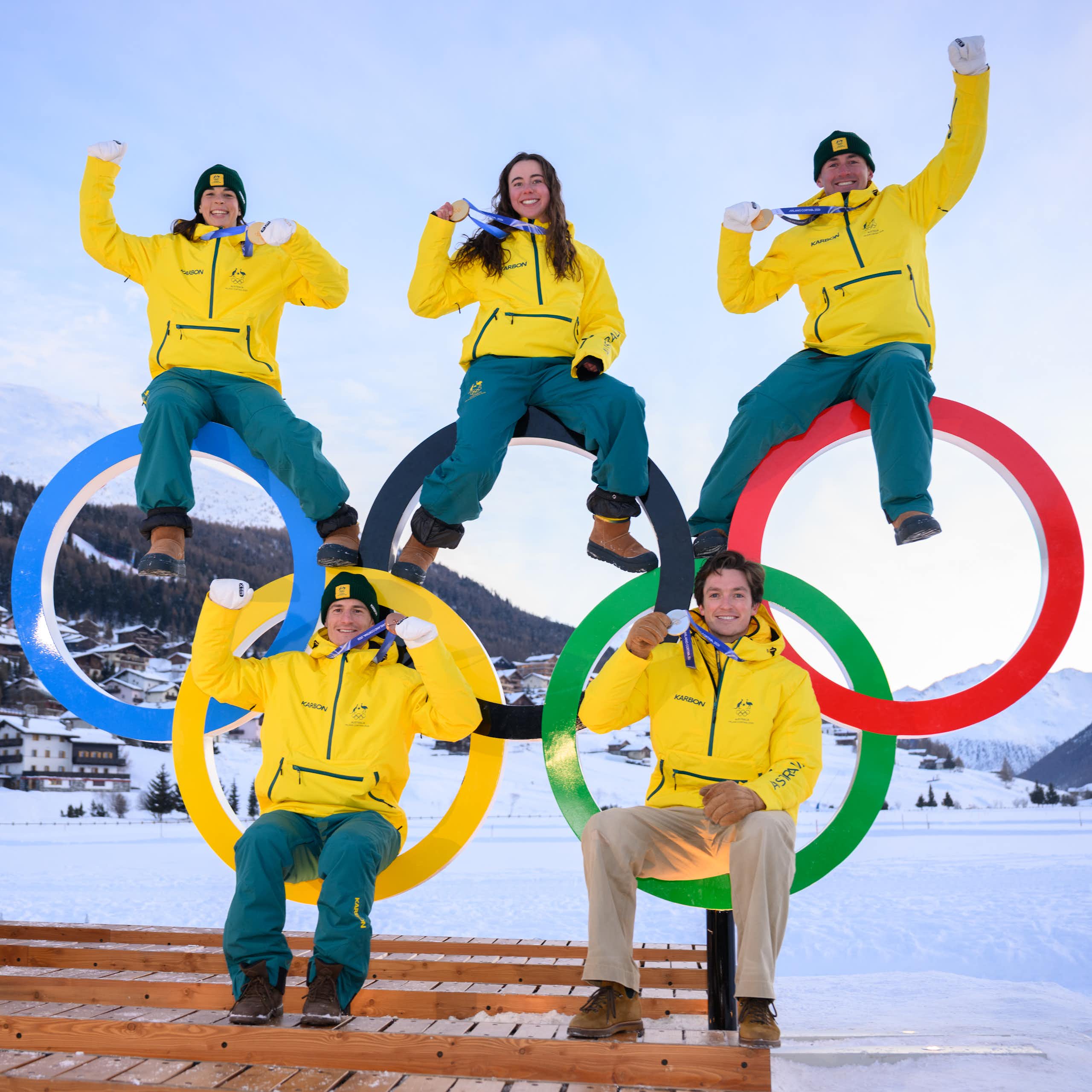 Australian Winter Olympic medalists Jakara Anthony, Josie Baff and Cooper Woods (top) with Matt Graham and Scotty James.