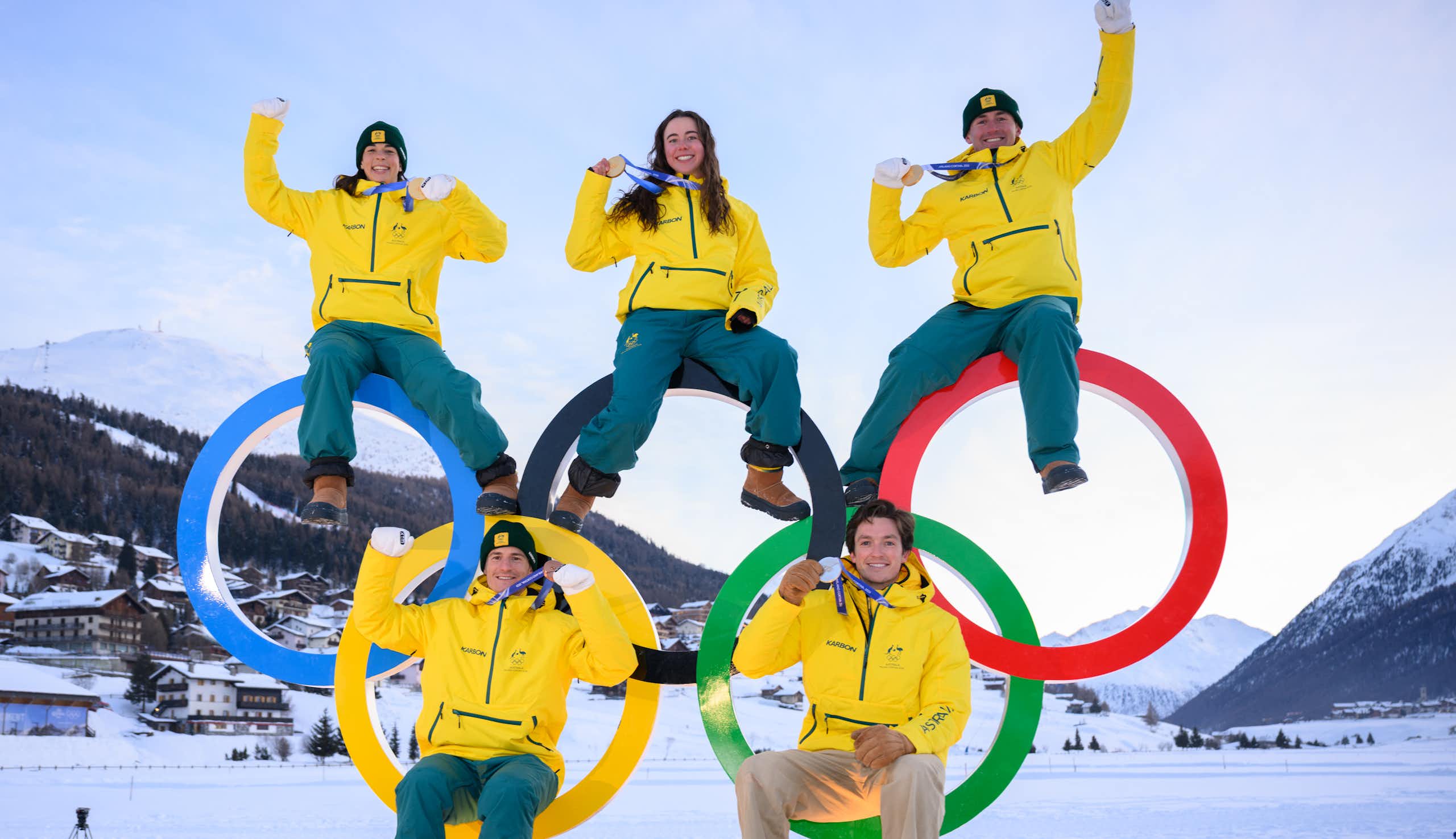 Australian Winter Olympic medalists Jakara Anthony, Josie Baff and Cooper Woods (top) with Matt Graham and Scotty James.