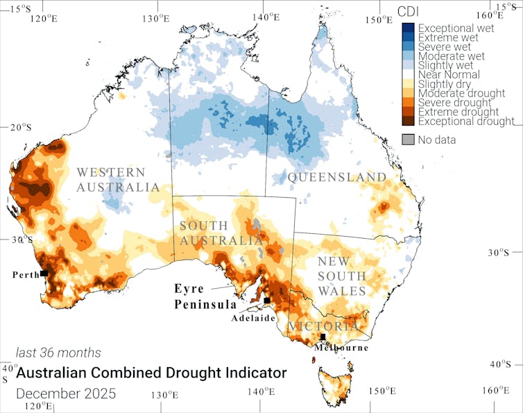 A map of Australia showing areas of drought between 2023 to 2025.