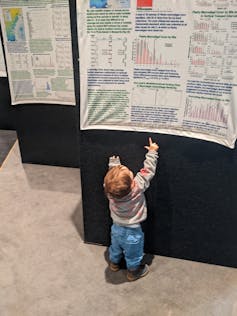 A toddler looking a science poster at a conference.