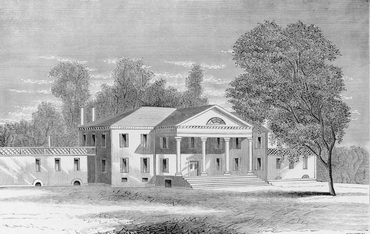 Black-and-white sketch of a large colonial-era mansion with columns and a broad porch and a large tree in the foreground.