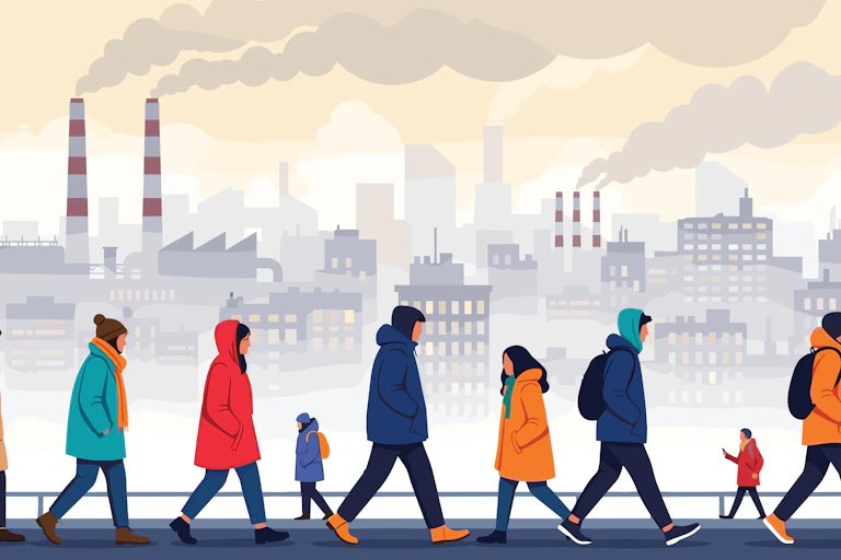 Ilustración de personas caminando en un paisaje contaminado