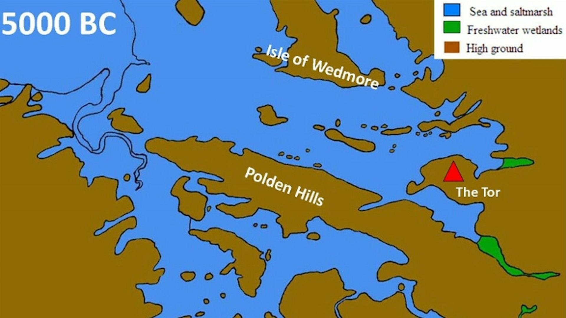 A map showing how much water and waterways would have been part of the Somerset Levels in 5000BC.