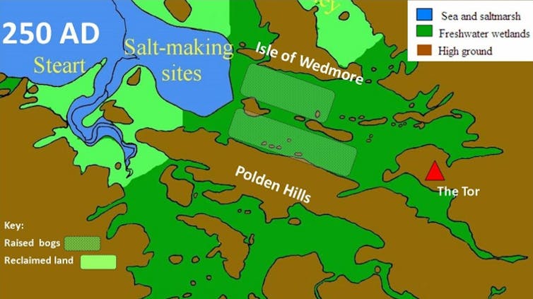 A map showing land filled in and waterways in the Somerset Levels in 250AD