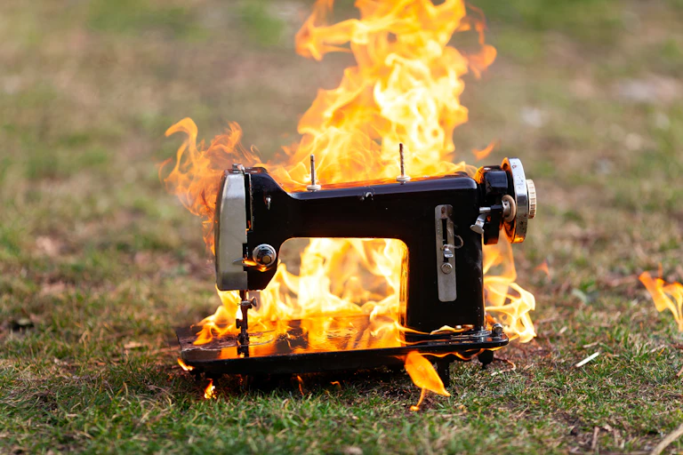 A burning sewing machine in a field