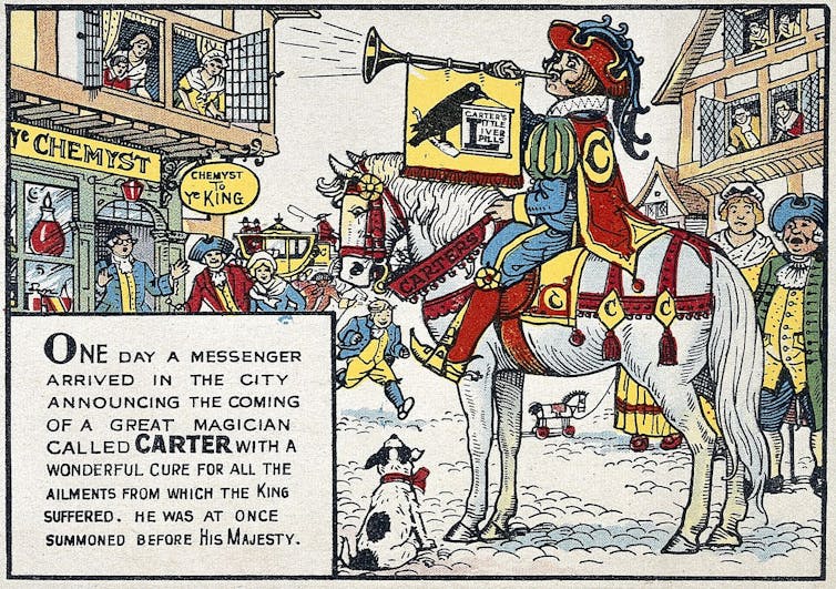 An old-fashioned illustration of a herald arriving on horseback to a pharmacy to promote Carter's Little Liver Pills