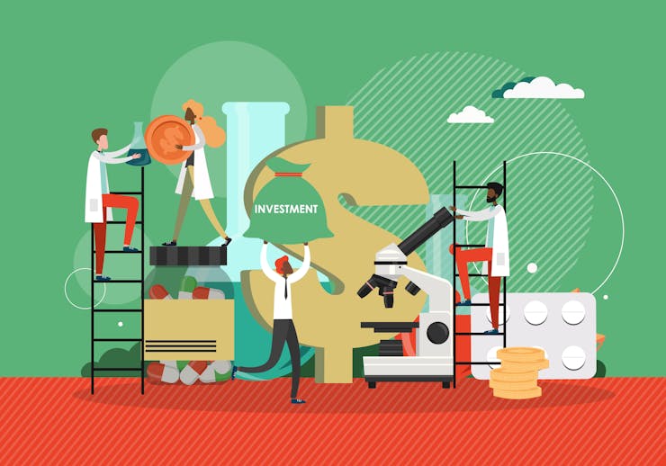 A graphic shows cartoon people building different things and standing on ladders, near a large dollar sign.