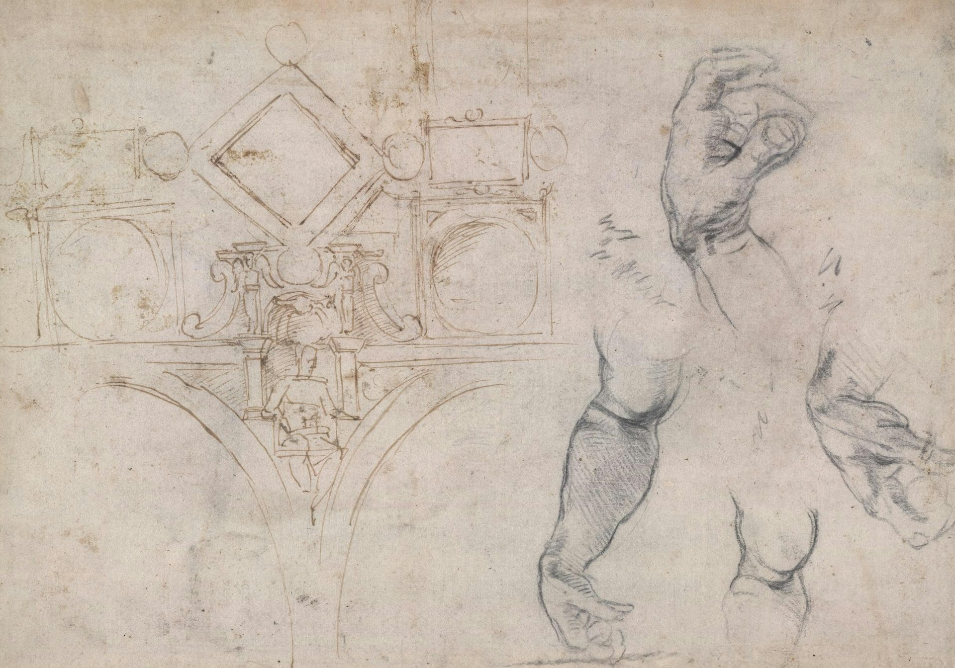 Sketches of architectural forms and human limbs from various angles.