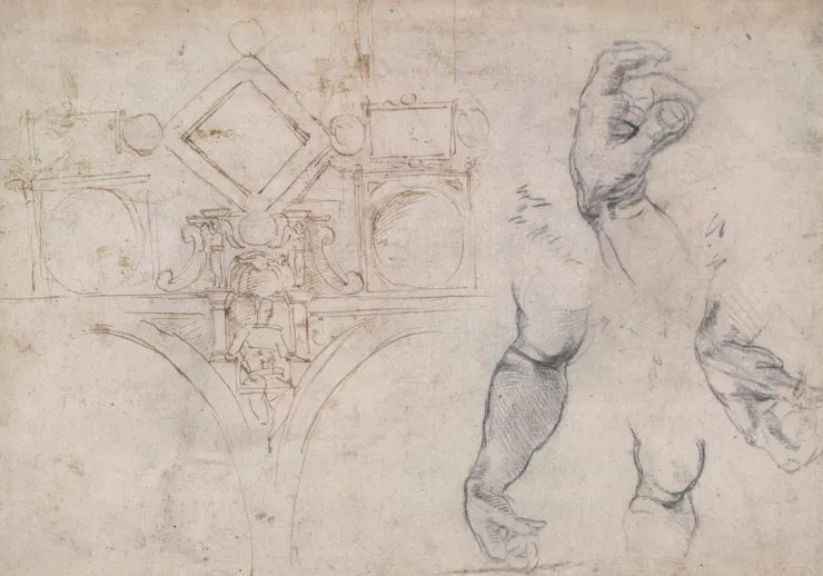 Sketches of architectural forms and human limbs from various angles.