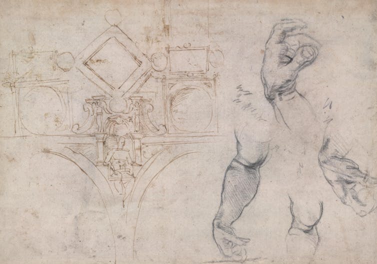 Sketches of architectural forms and human limbs from various angles.