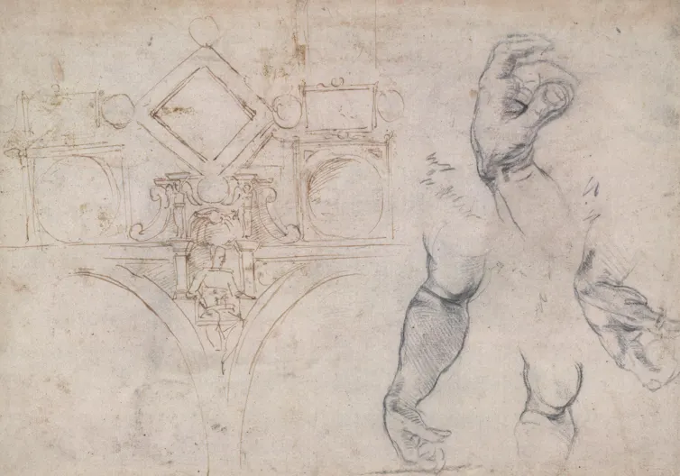 Sketches of architectural forms and human limbs from various angles.