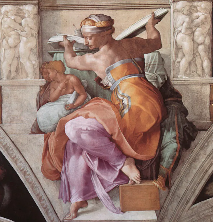 Colorful painting of a young woman posing from a seated position, twisting toward viewers while holding open a large book.