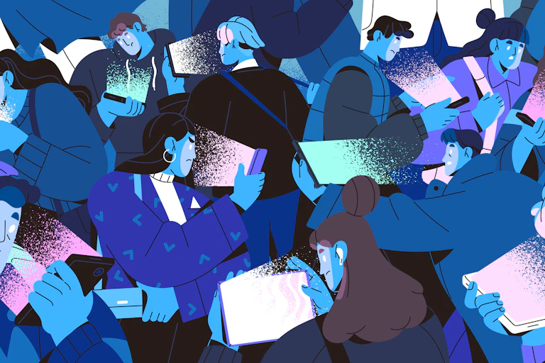an illustration of people in a crowd looking at phones and tablets