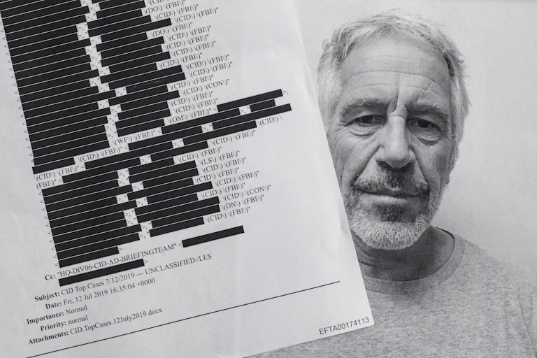 Printed copies of the Jeffrey Epstein files sit alongside a pic of the disgraced financier.