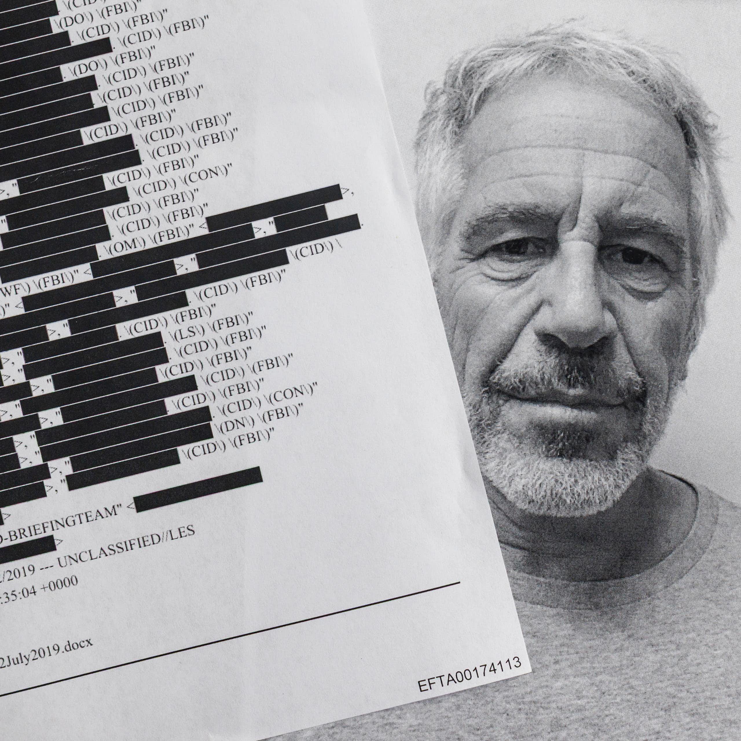 Printed copies of the Jeffrey Epstein files sit alongside a pic of the disgraced financier.