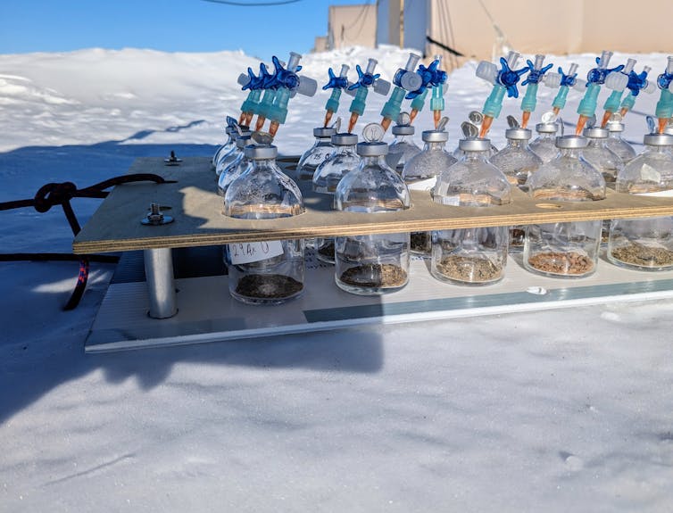 A set of glass vials each containing small amounts of soil, sealed at the top and with a needle and stopcock sticking out of each one. The vials are arranged in a rack sitting on the snow.