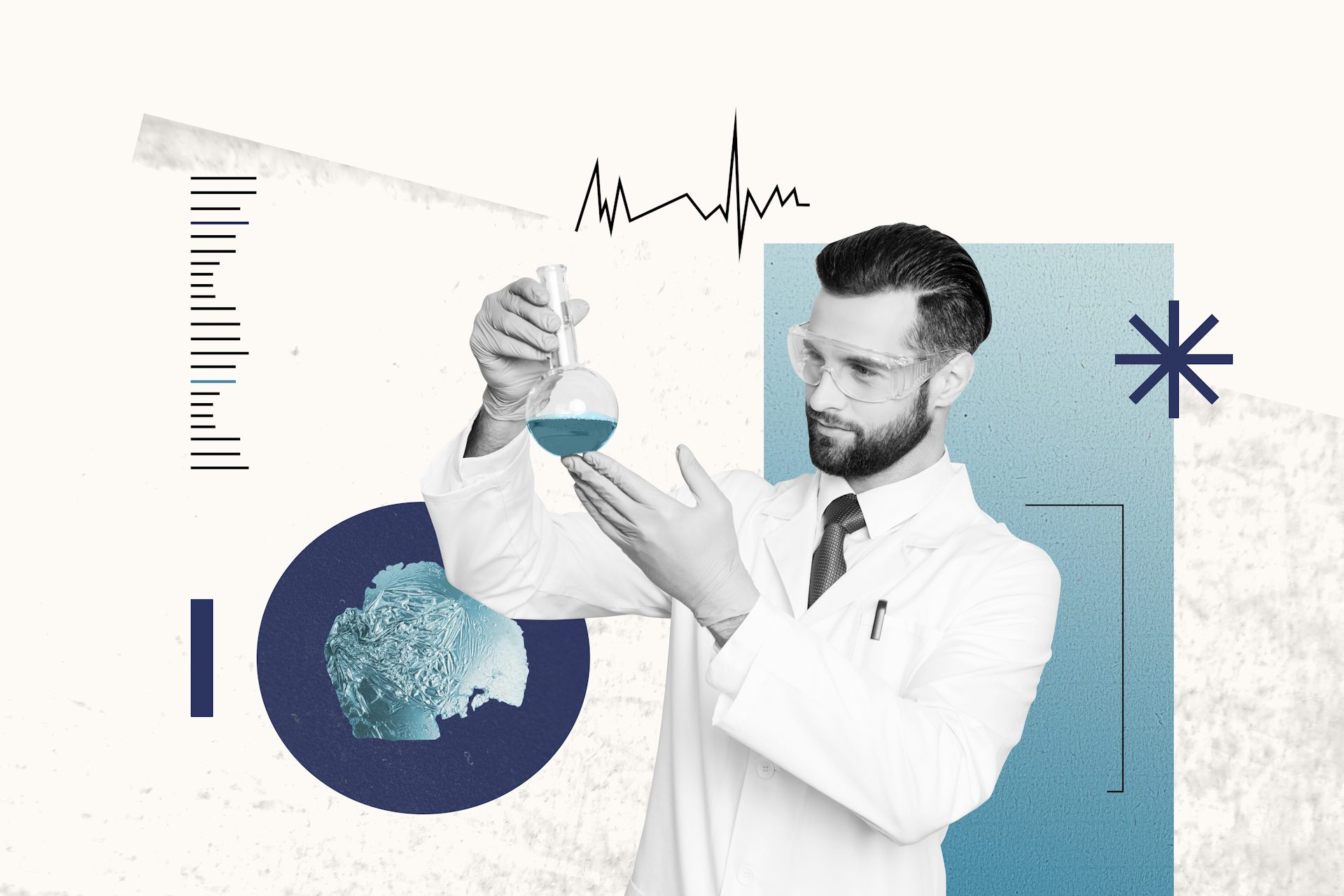 Colagem de um cientista pesquisando