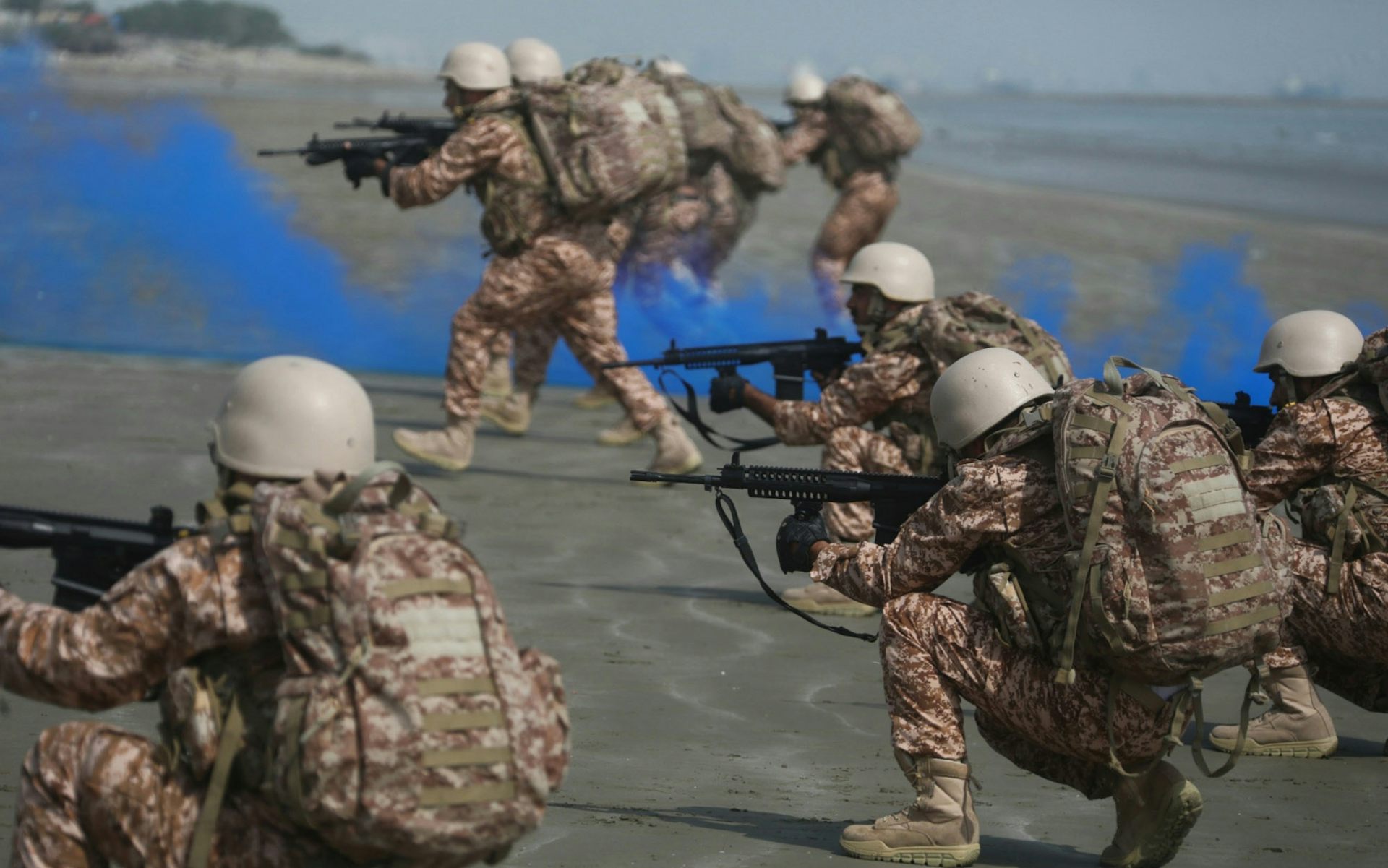 Iranian soldiers taking part in a naval exercise.