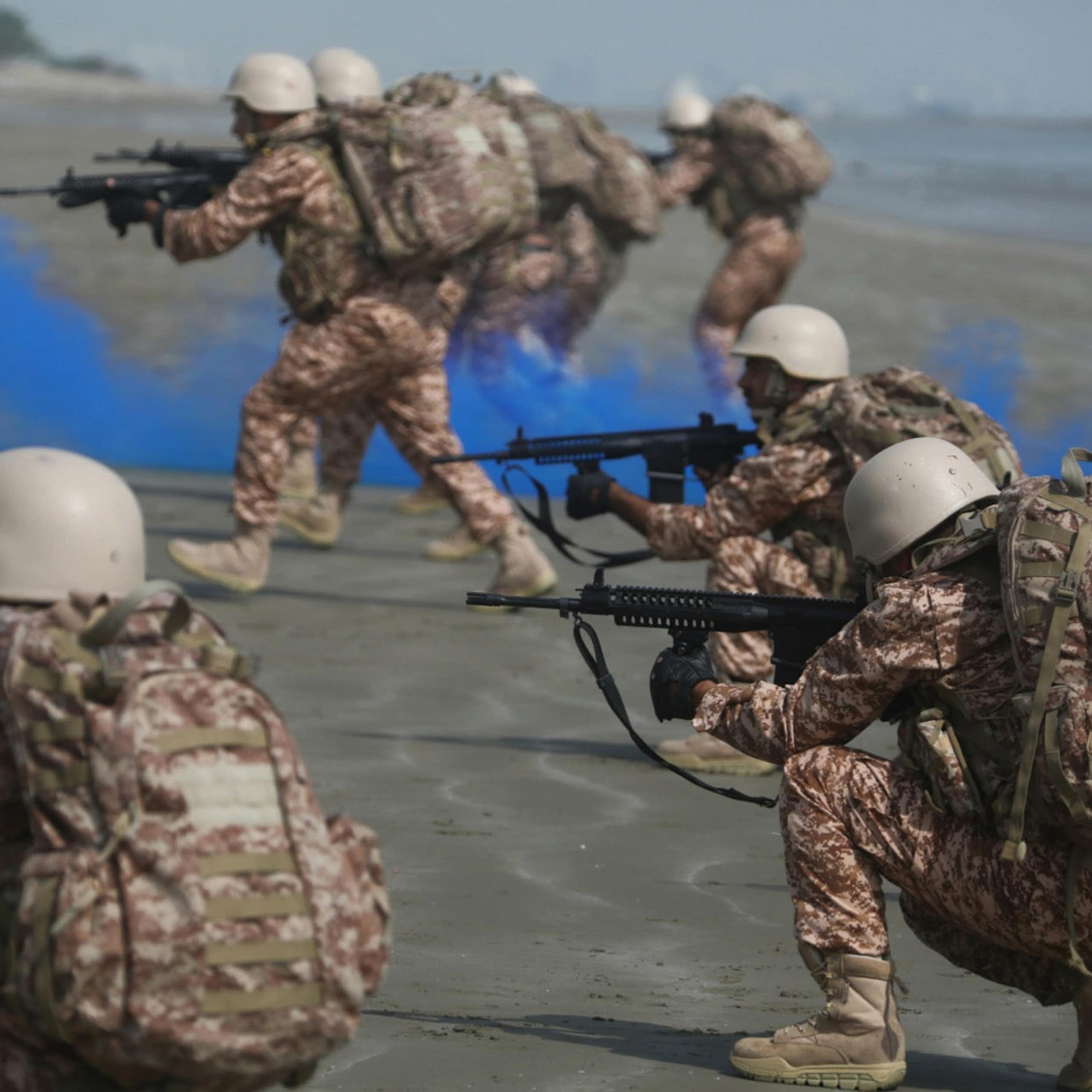 Iranian soldiers taking part in a naval exercise.