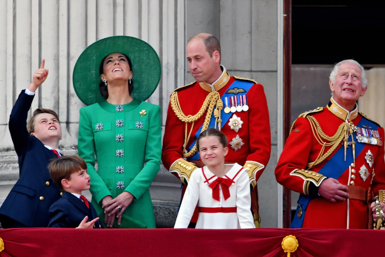 King Charles, the Prince and Princess of Wales, and their children on the balcony at Trooping the Colour