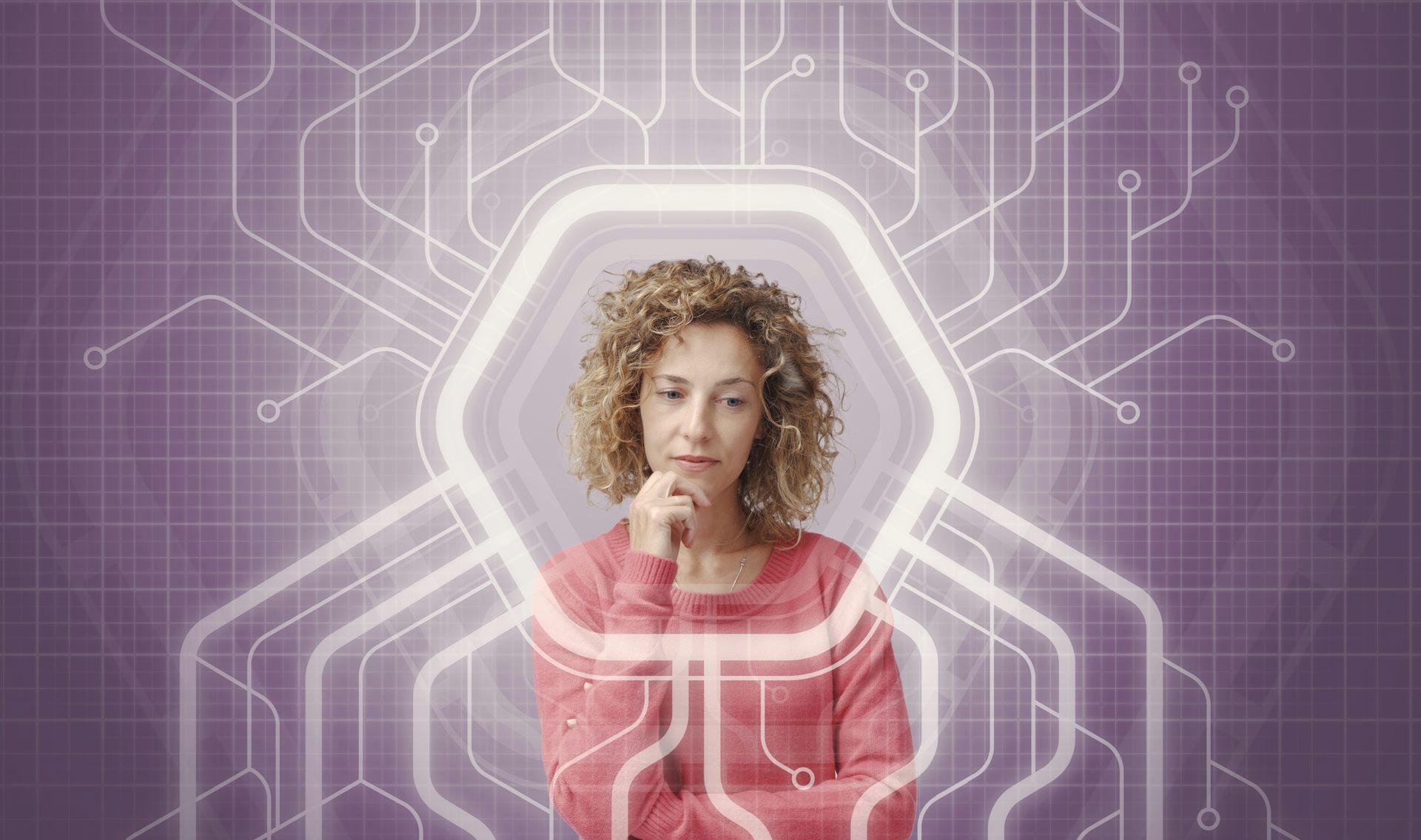 Woman looking thoughtful surrounded by tech graphic.
