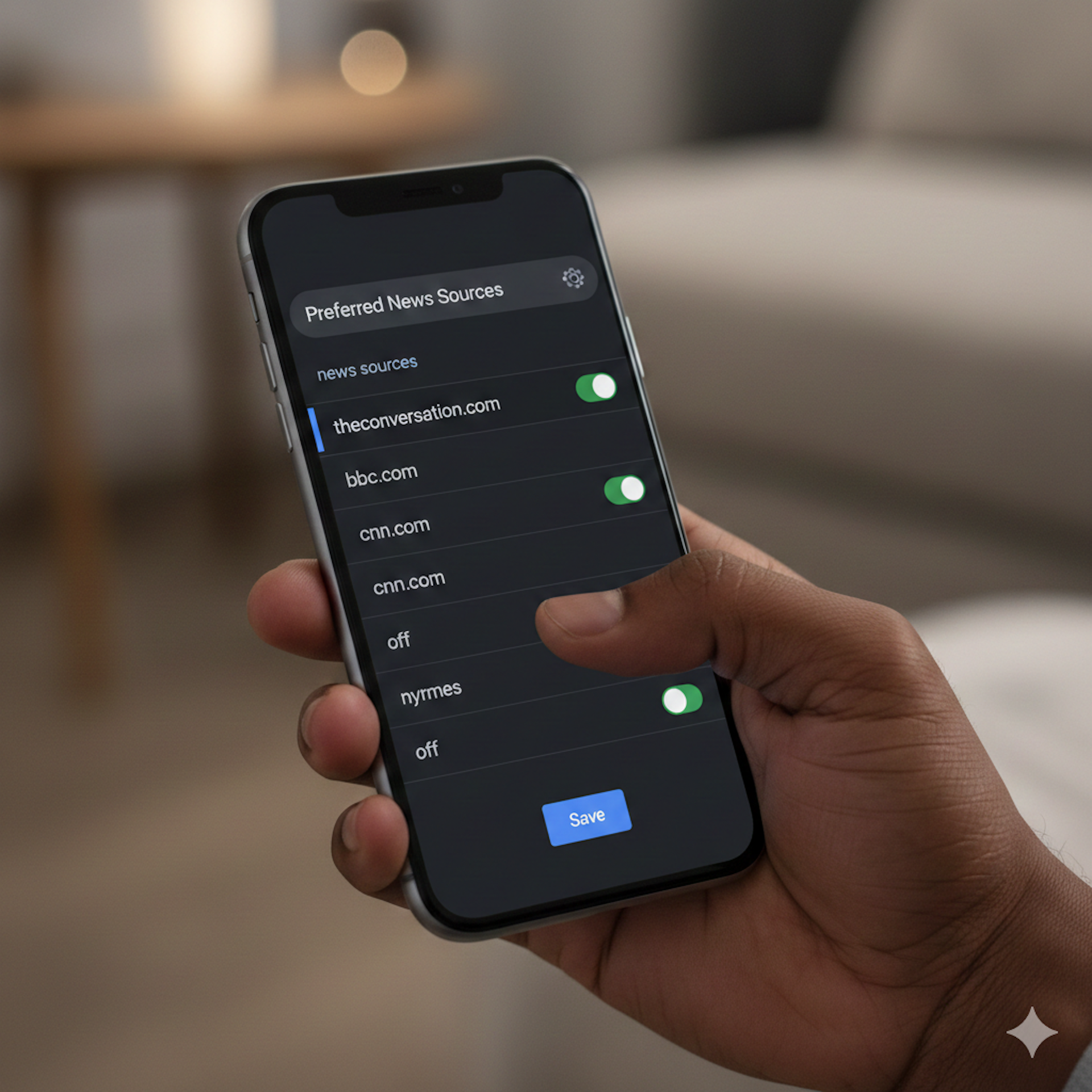 A hand holds a phone with websites listed on it.