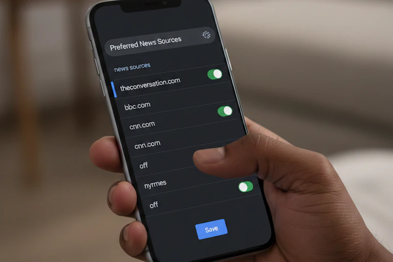 A hand holds a phone with websites listed on it.