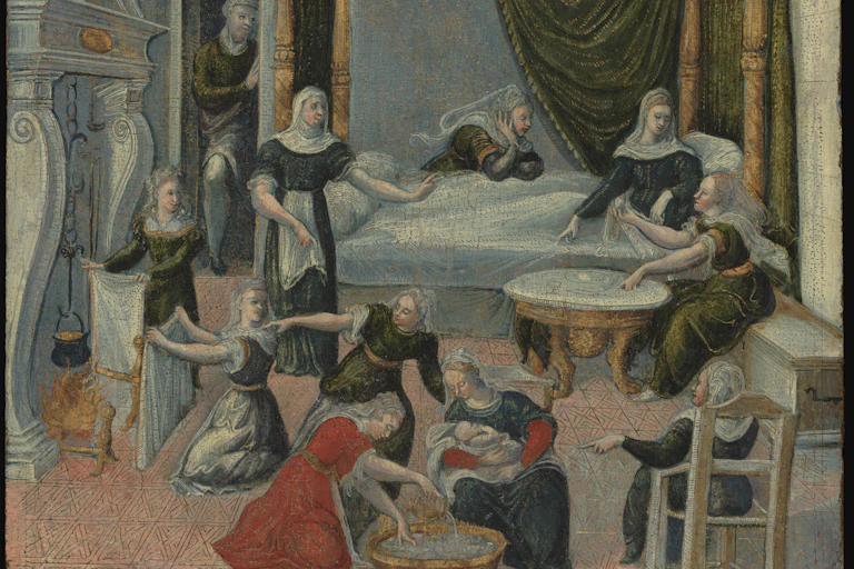 Painting showing a woman surrounded by midwives giving birth