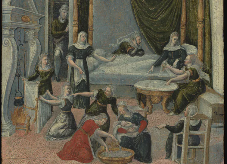 Painting showing a woman surrounded by midwives giving birth