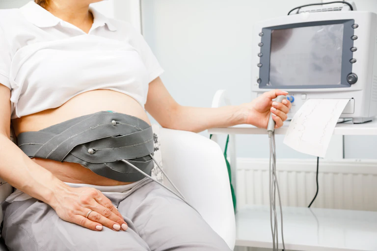 Pregnant woman performing cardiotocography (CTG). The belt on her belly connected to the Cardiotocograph machine (aka Electronic Foetal Monitor (EFM)) recording the foetal heartbeat