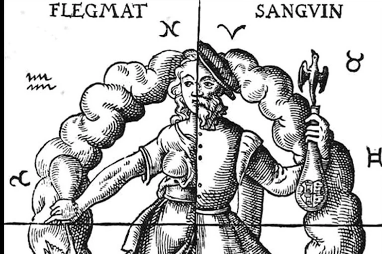 Ilustración del siglo XVI de los cuatro humores: Flegmat (flema), Sanguin (sangre), Coleric (bilis amarilla) y Melanc (bilis negra)