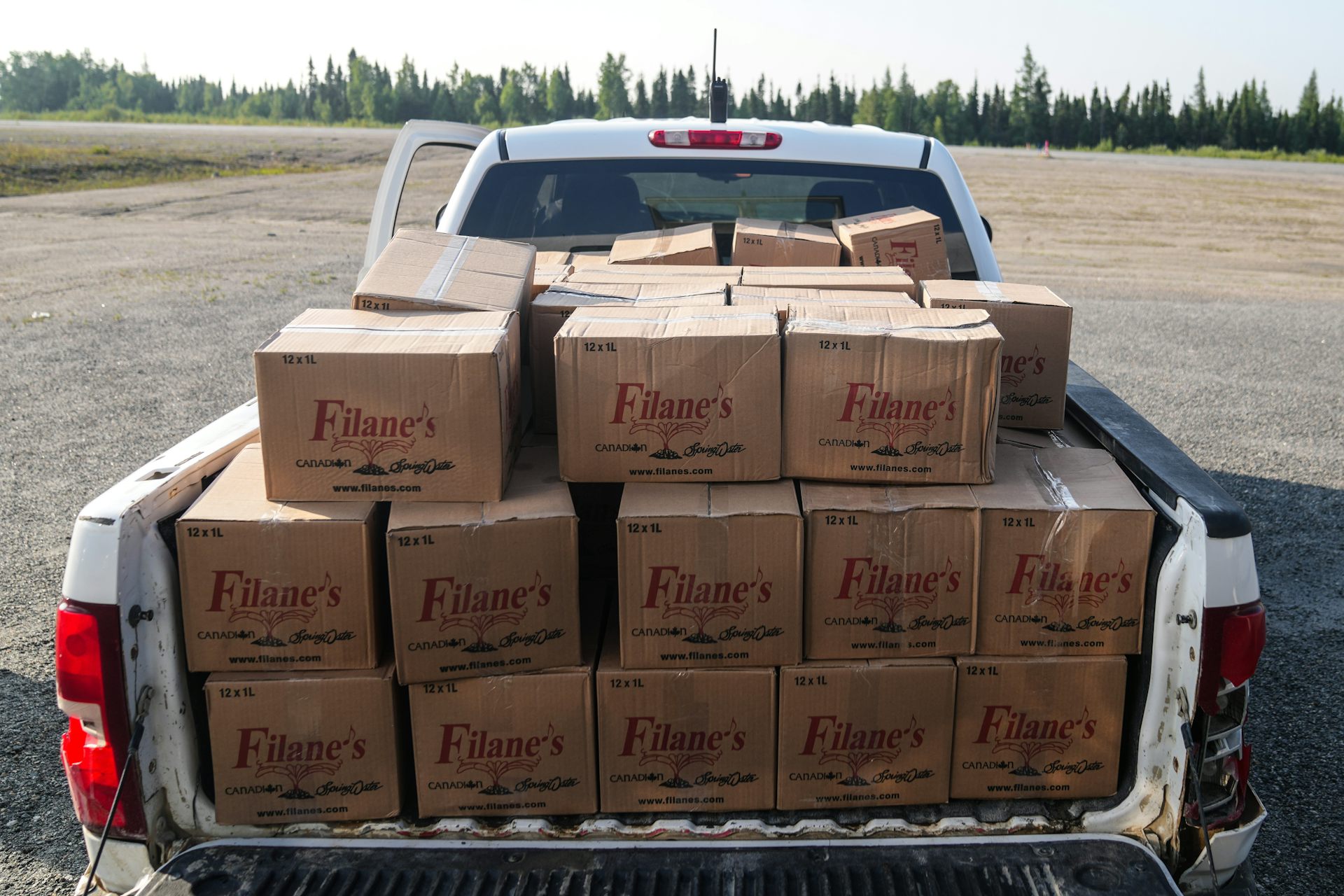 Un camión por detrás, cargado de cajas de cartón.