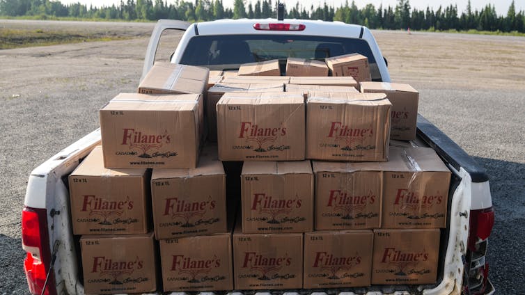 Un camión por detrás, cargado de cajas de cartón.