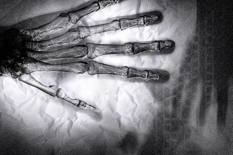 Digital art piece displaying a human hand, an X-ray of a hand and a wire frame hand, all overlayed.