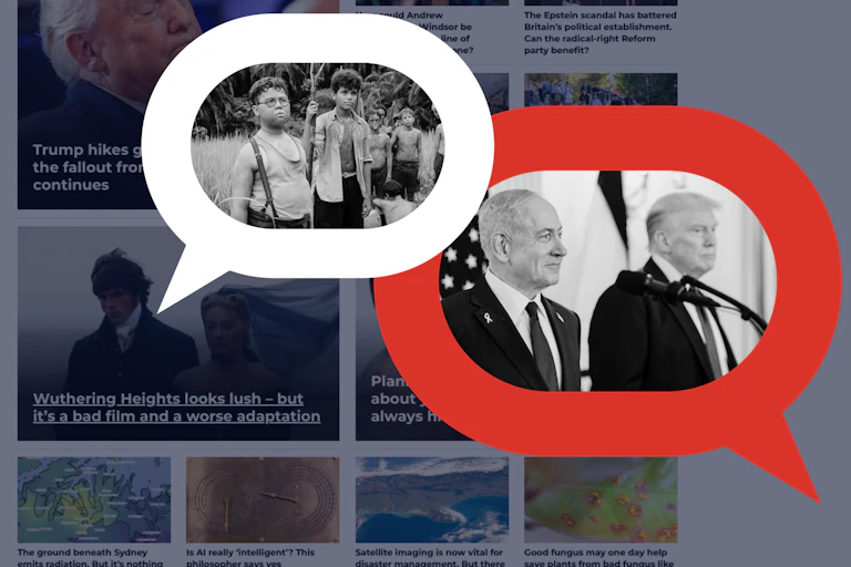 Image compilation of Lord of the Flies, plus Benjamin Netanyahu and Donald Trump.