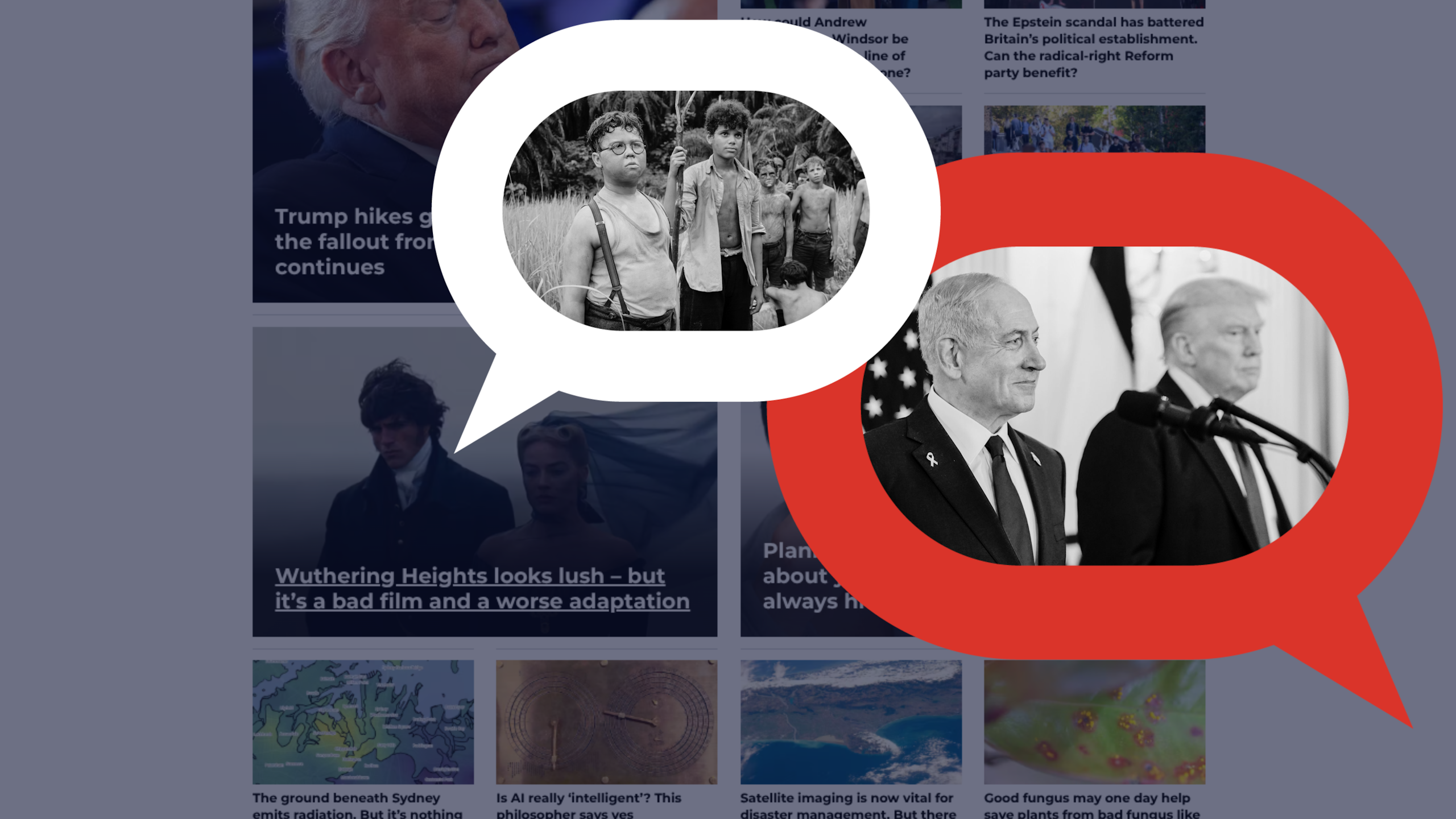 Image compilation of Lord of the Flies, plus Benjamin Netanyahu and Donald Trump.