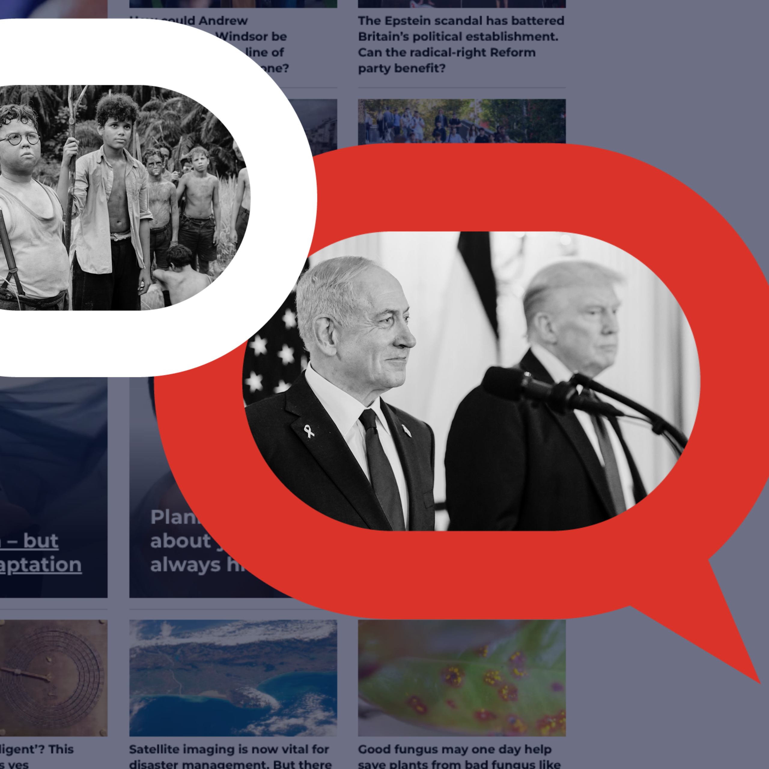 Image compilation of Lord of the Flies, plus Benjamin Netanyahu and Donald Trump.