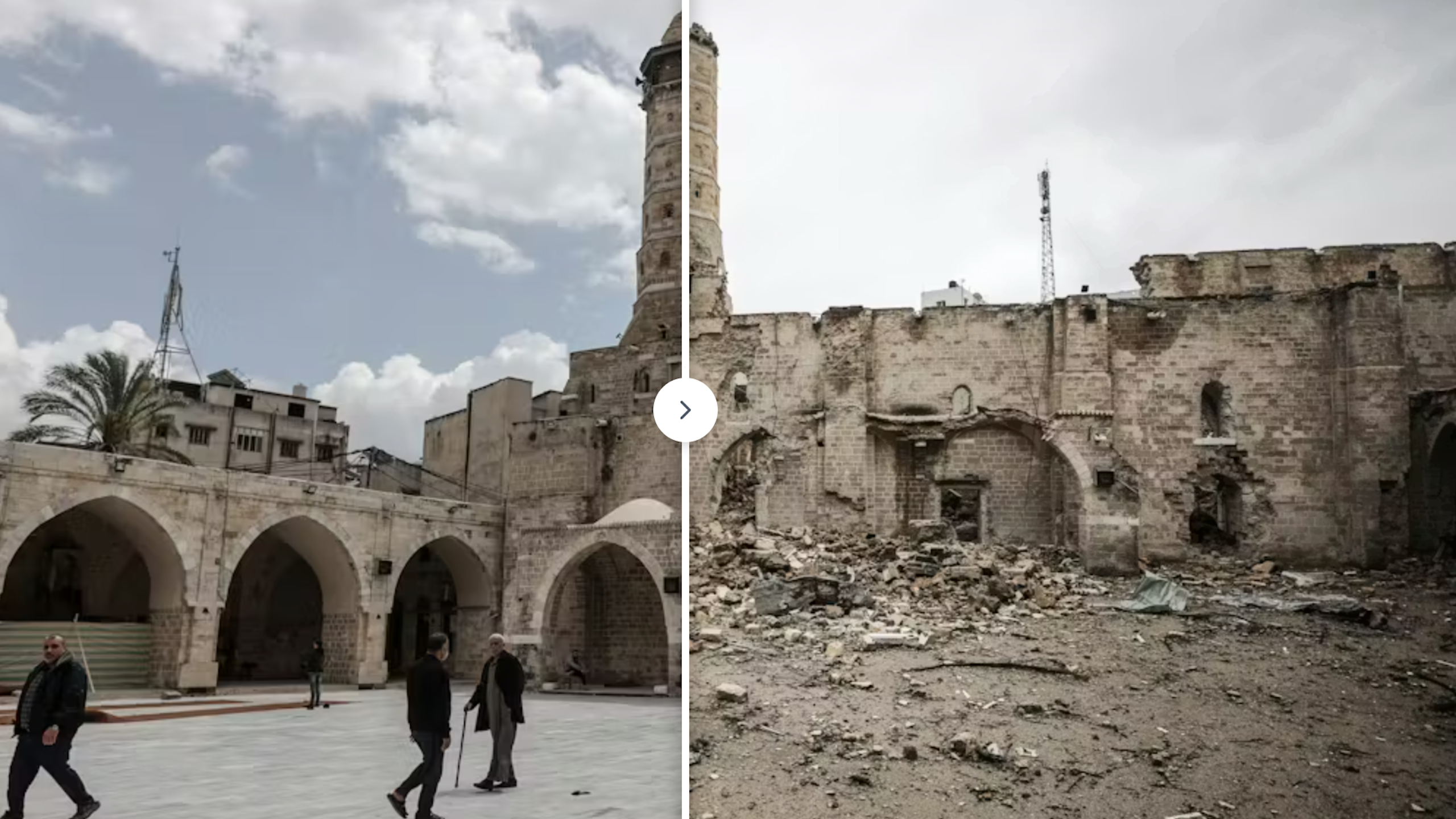 The Great Omari Mosque in Gaza City after it was damaged by an Israeli strike.