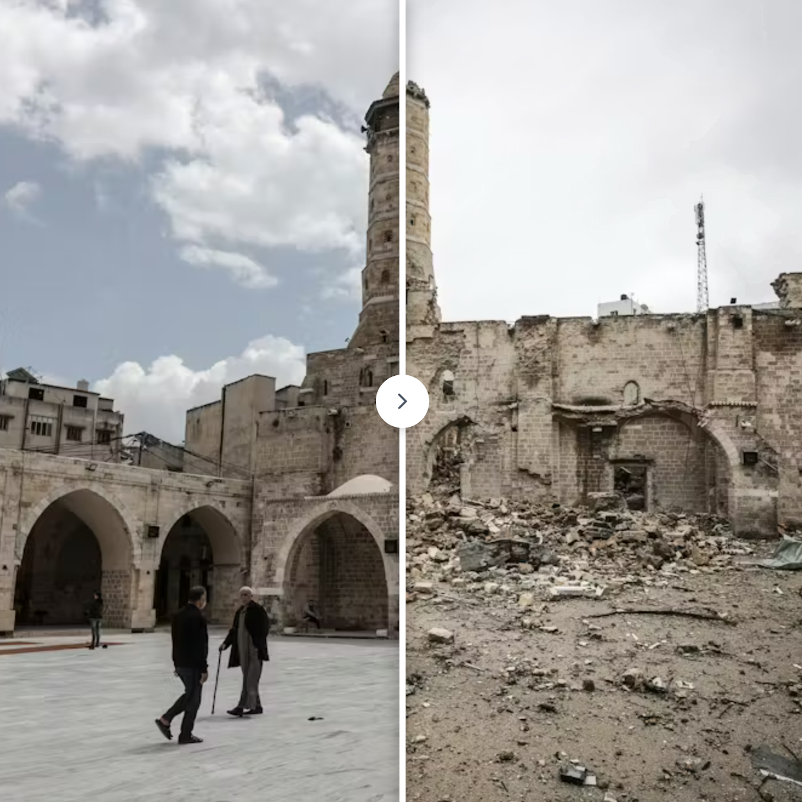 The Great Omari Mosque in Gaza City after it was damaged by an Israeli strike.