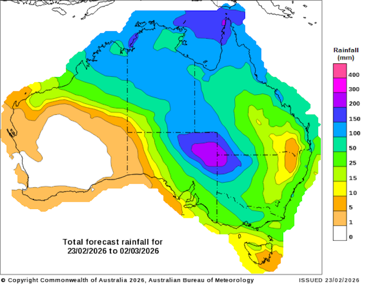 Map of the 8-day total forecast rainfall from February 23 to March 2, 2026