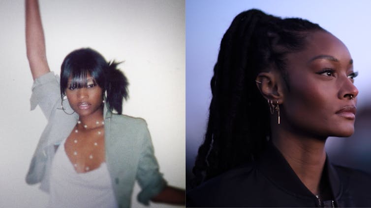Documentary Still: (left) young girl posing with outstretched hands; (right) woman looking at the sunset.