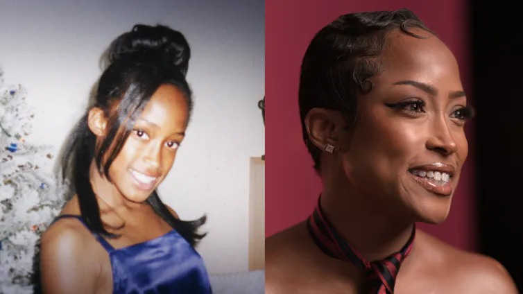 Documentary still: (left) girl smiling for the camera. (Right) woman smiling on documentary set.
