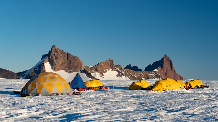 Yellow tents pitched on white snow, with rocky mountains in the background.