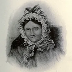 A black and white illustration of a middle-aged woman in a bonnet