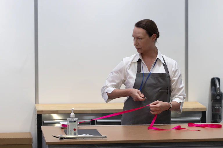 Production image: a woman cuts a ribbon.
